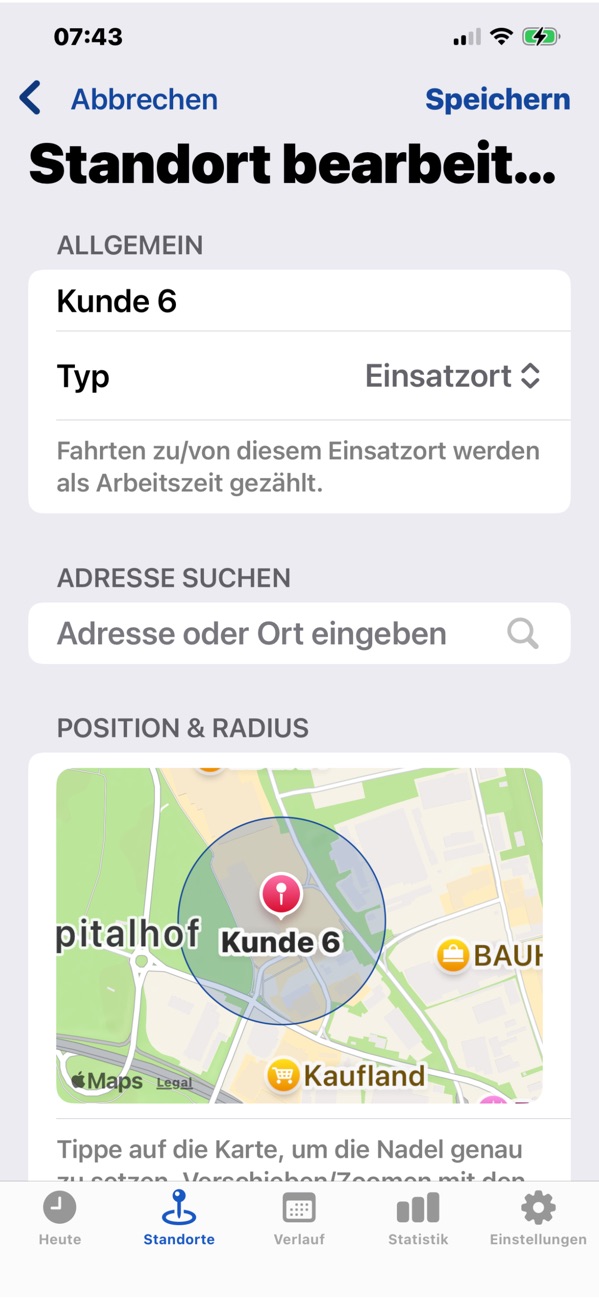 Standort bearbeiten mit Karte und Radius