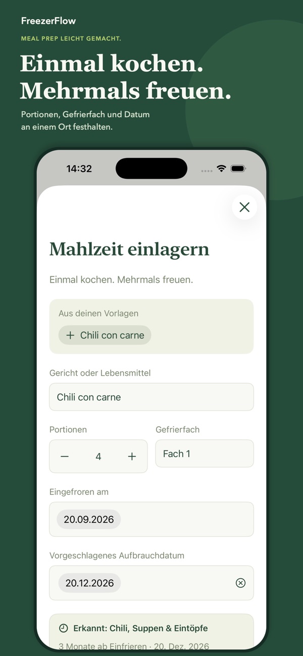 Mahlzeit einlagern mit Portionen, Gefrierfach und Aufbrauchdatum