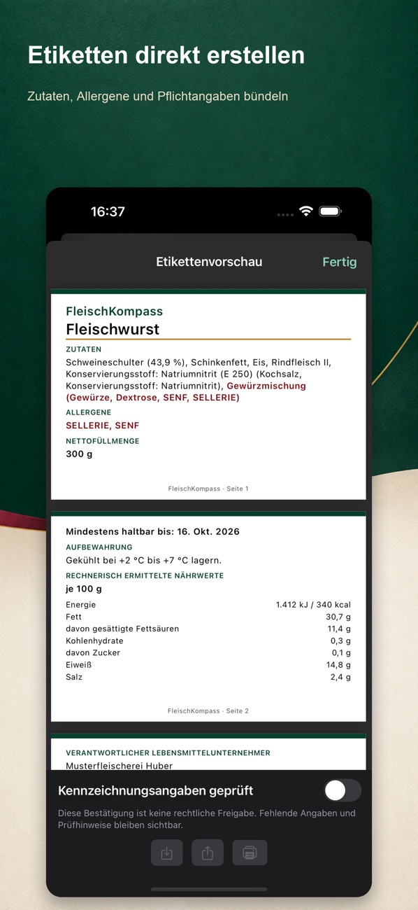 Etikettenvorschau mit Zutaten, Allergenen und Pflichtangaben