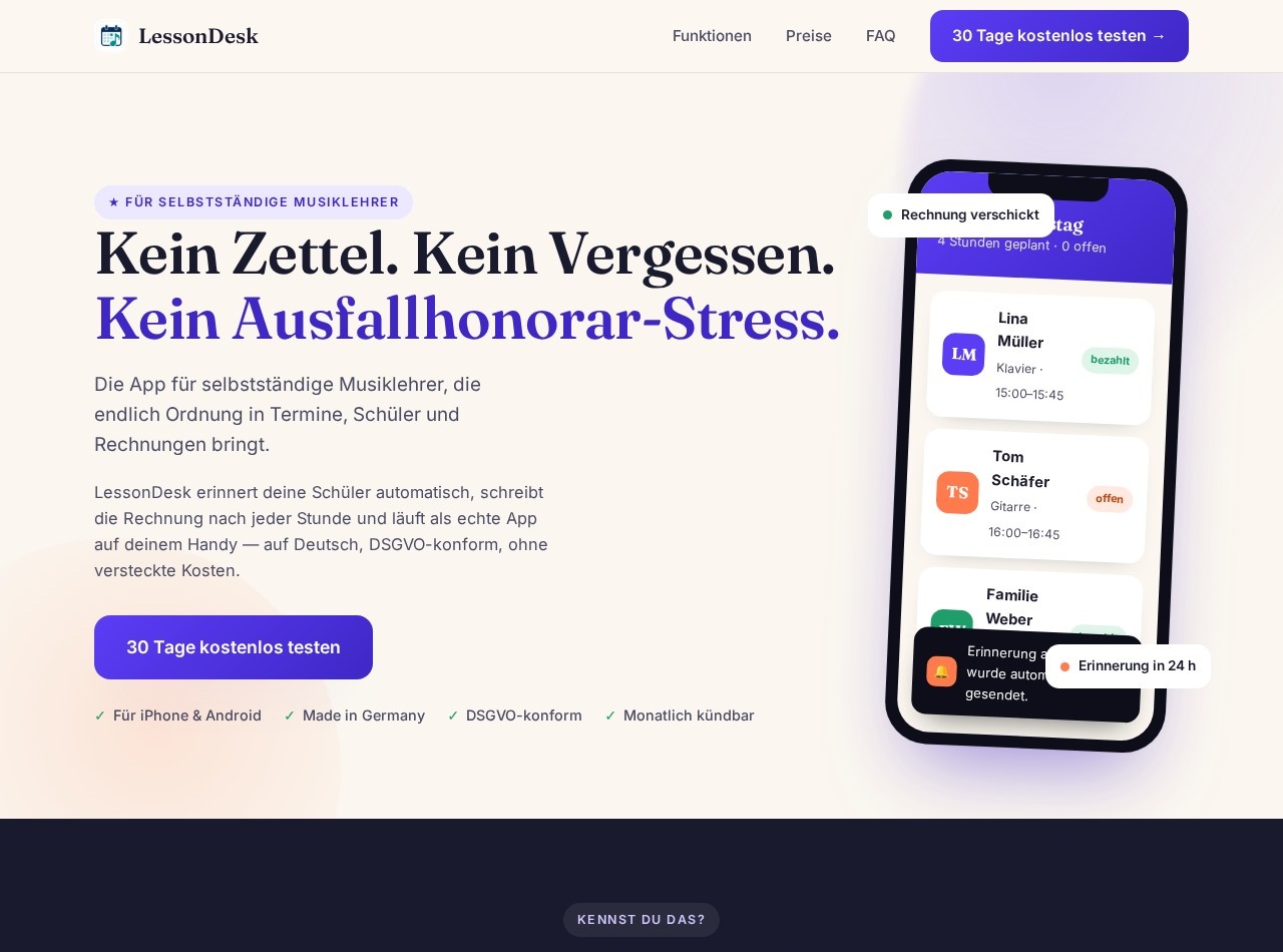 Startseite der Web-App LessonDesk