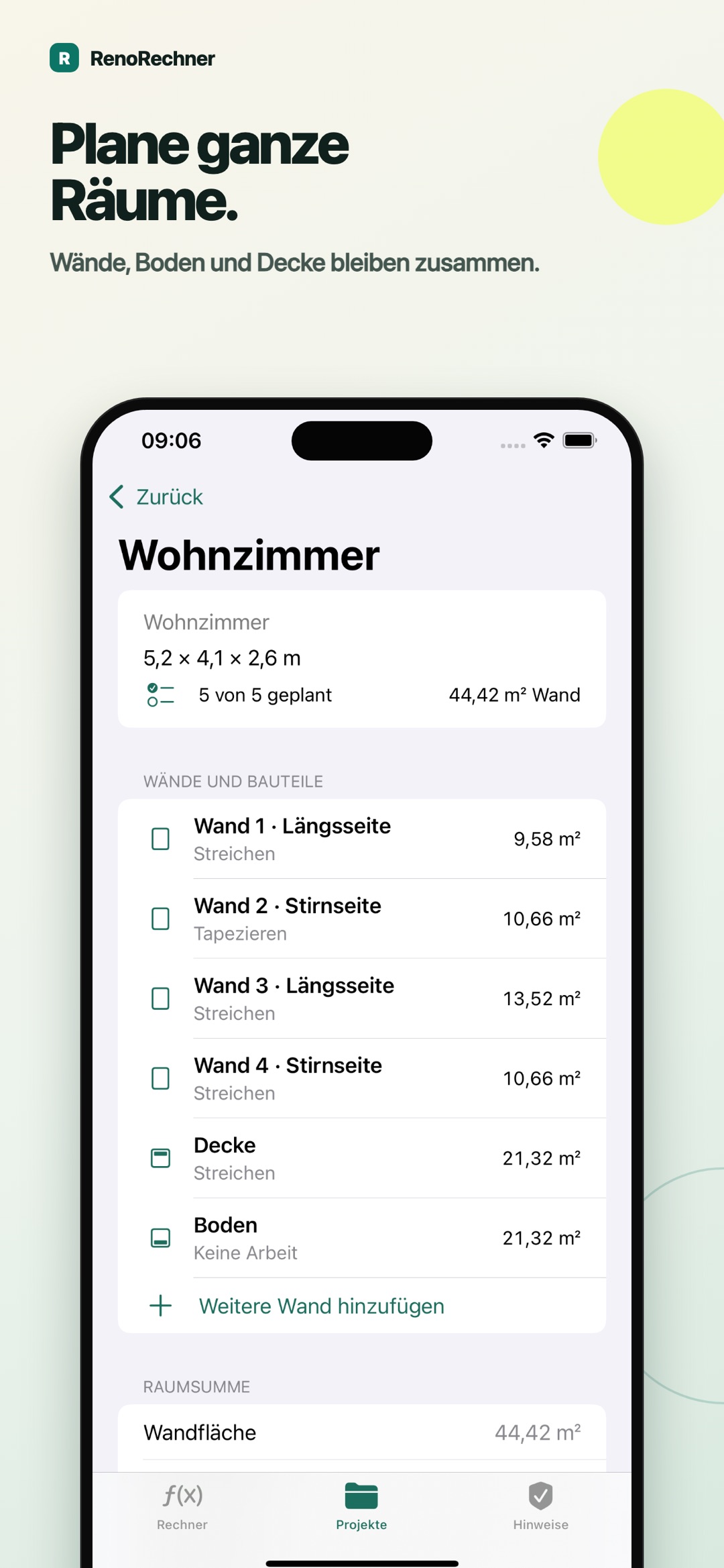 Raum „Wohnzimmer“ mit Wänden, Decke und Boden samt Flächen