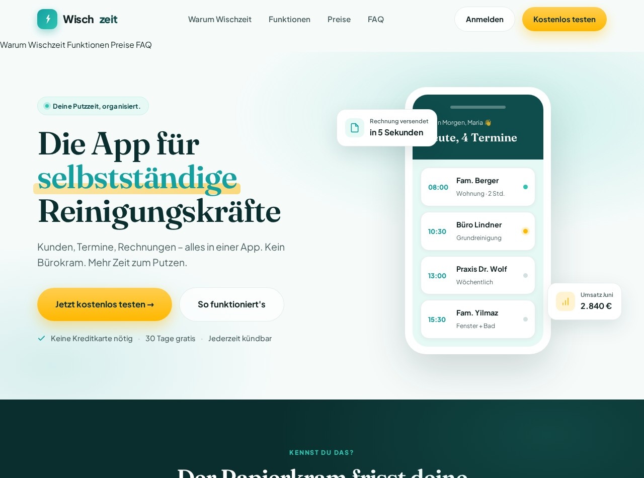 Startseite der Web-App Wischzeit
